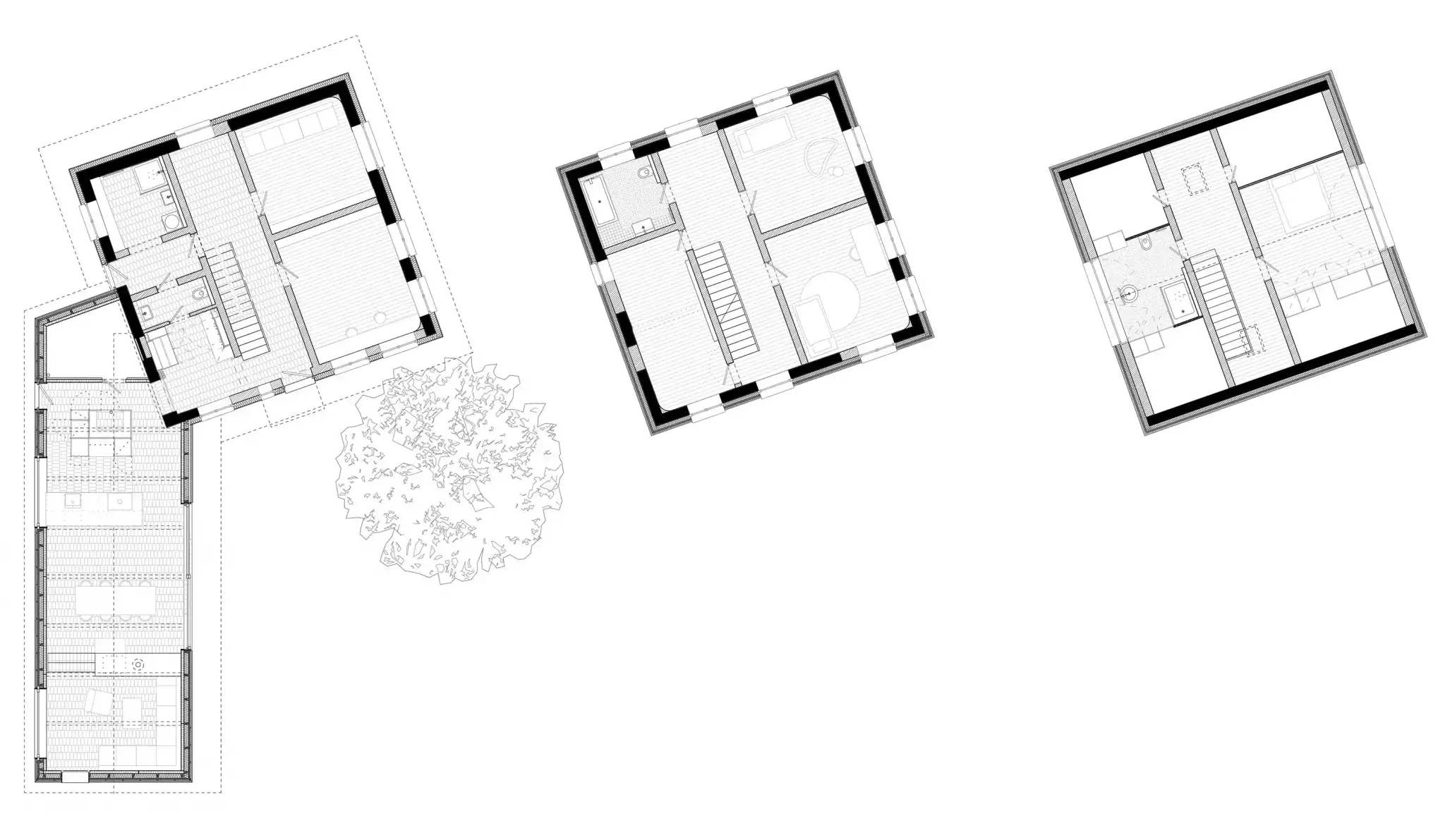 Grundrisse von Erdgeschoß, Obergeschoß und Dachgeschoß von Anbau - Umbau - Einbau