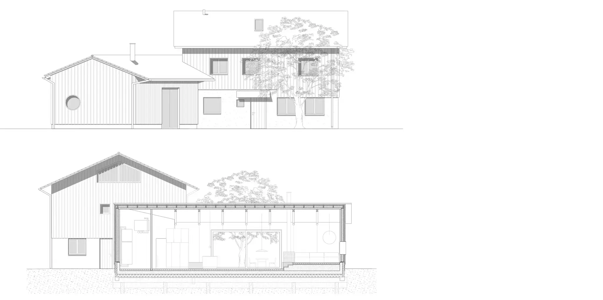 Ansicht Anbau und Altbau, Längsschnitt Anbau